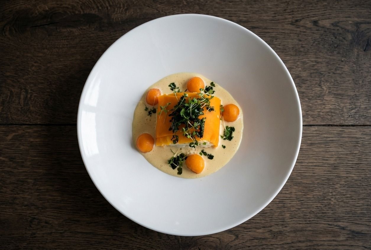 Et firkantet stykke gul mad toppet med krydderurter og omgivet af fire melonkugler i en flødesauce på en hvid tallerken.