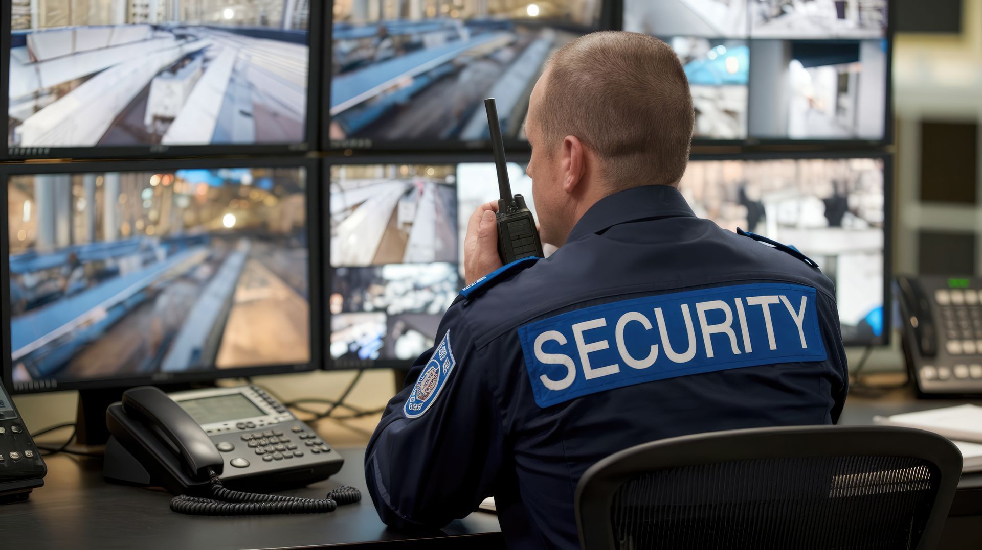 A security guard in a blue uniform sits at a desk, talking on a radio while monitoring multiple surveillance screens.