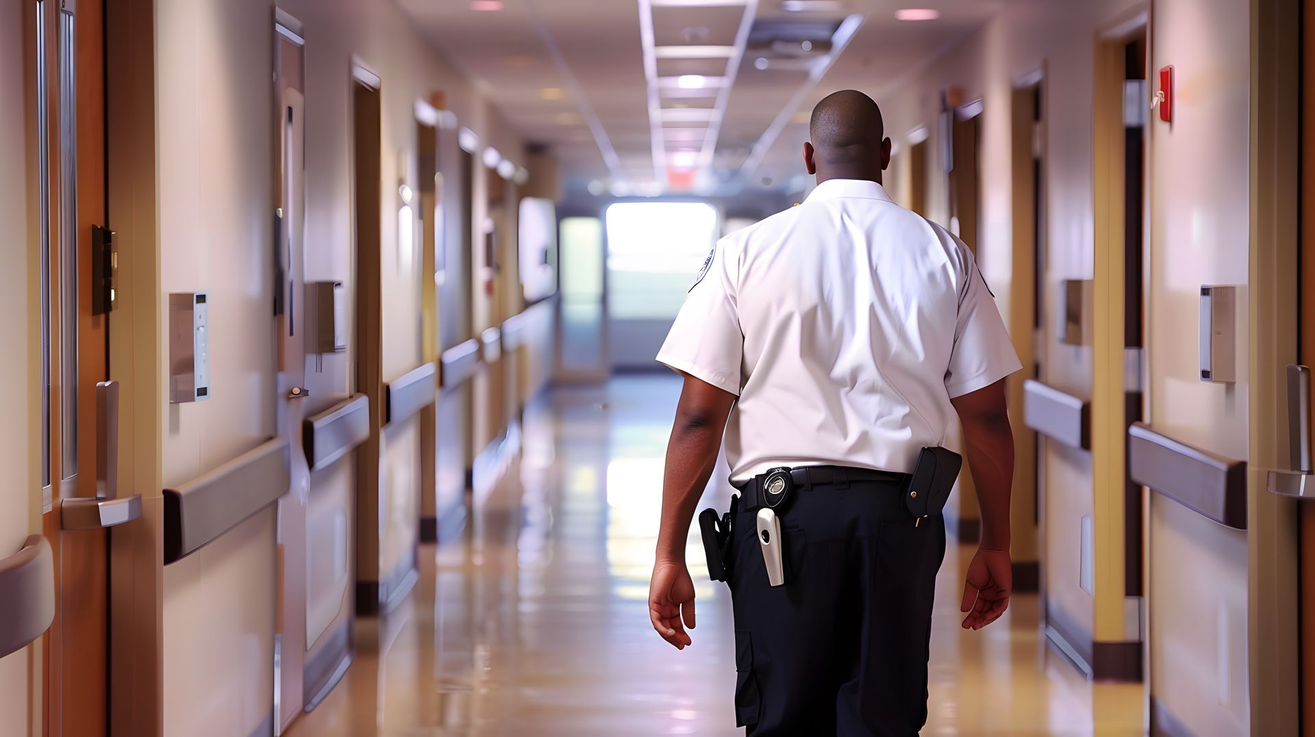 A security officer in a white uniform walks down a brightly lit hospital hallway.