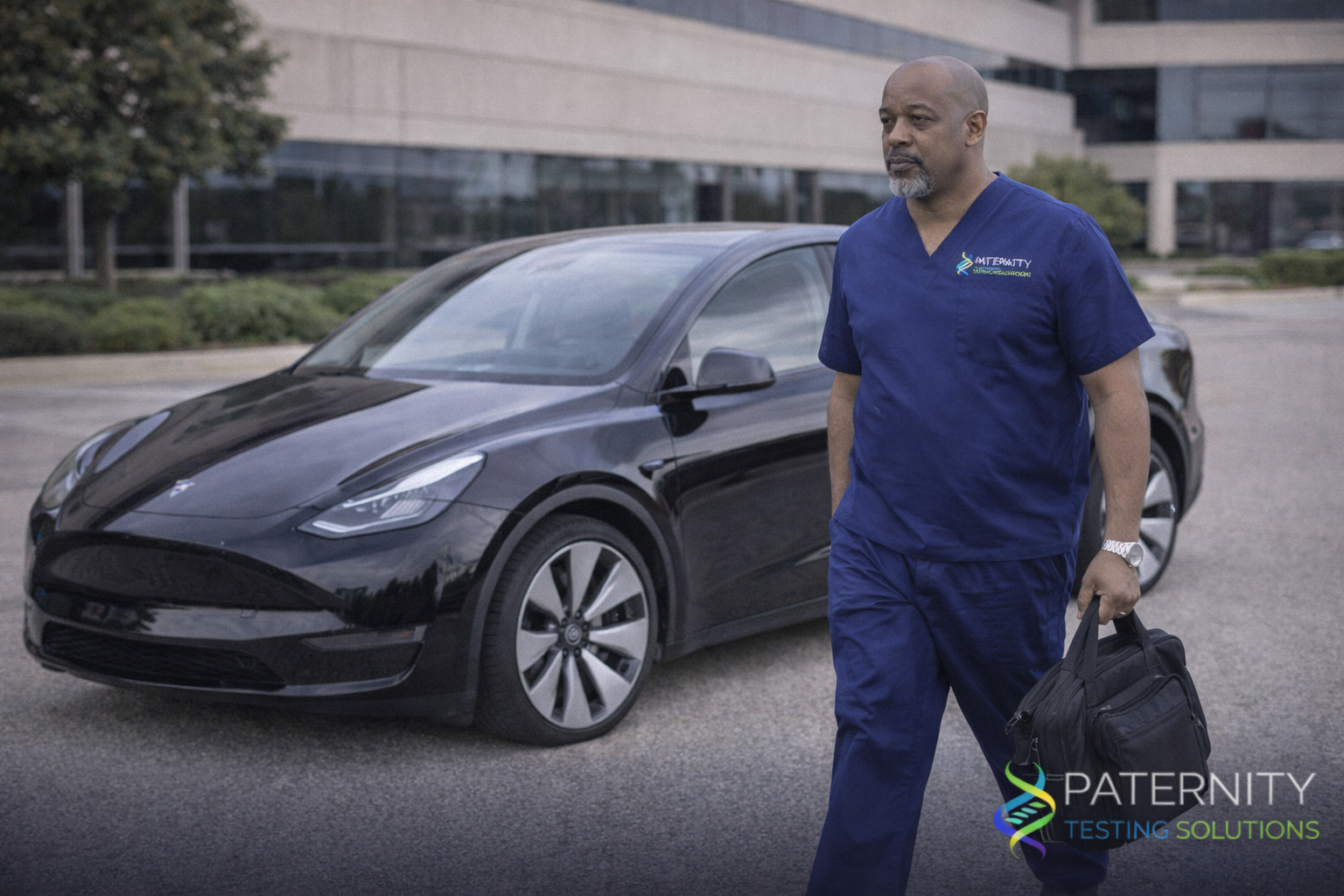Mobile DNA testing service in DFW by Paternity Testing Solutions using a black Tesla Model Y
