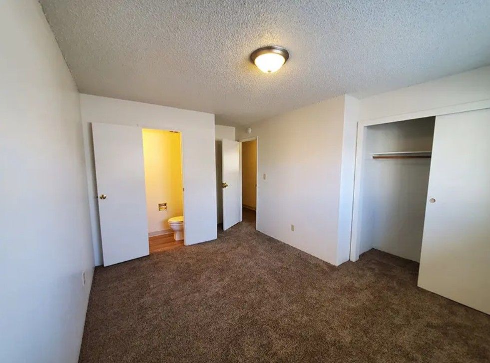 Bedroom interior with brown carpet, white walls, closet, and a bathroom visible.