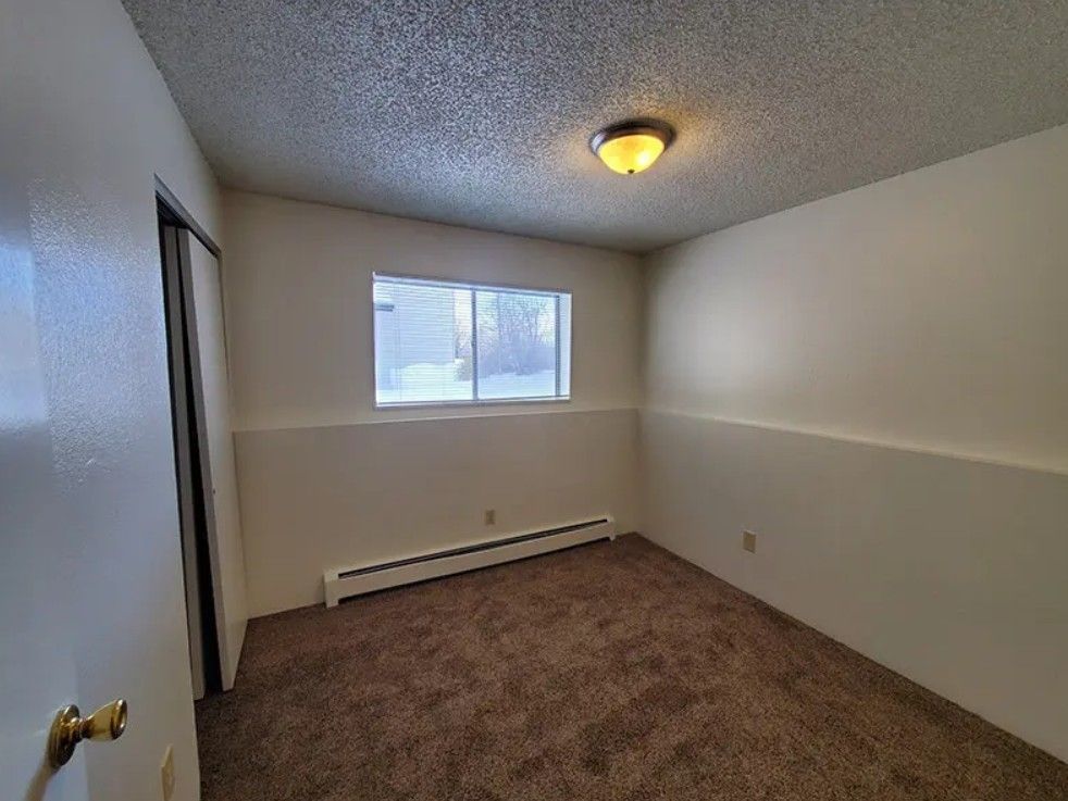 Empty room with brown carpet, white walls, small window, and ceiling light.