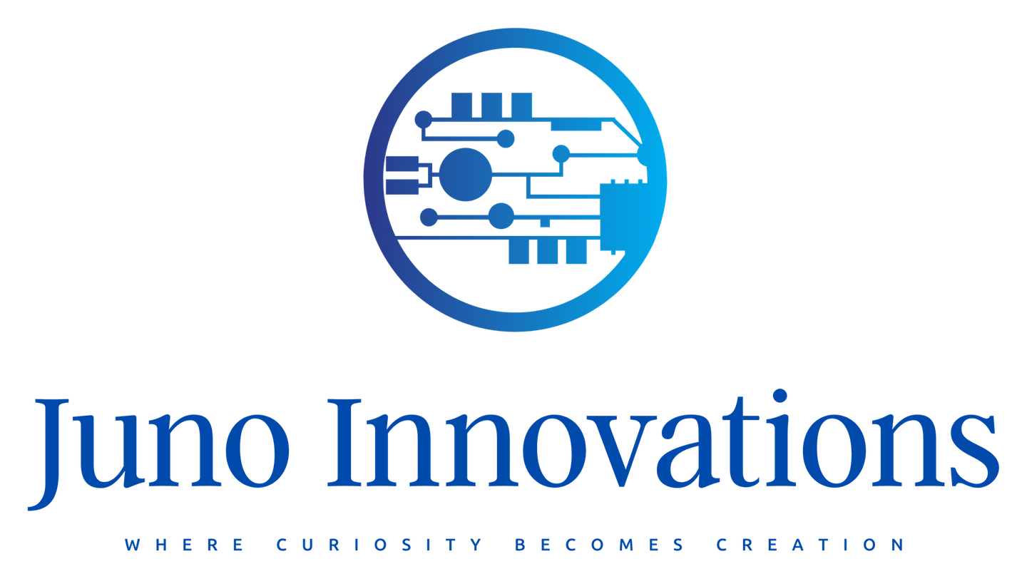 Logo: Blue circuit board design within a circle above 