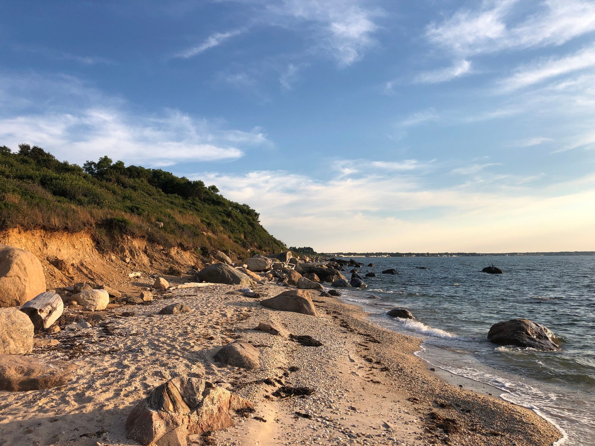 A beach with rocks and trees on the shore and a blue sky in the background.