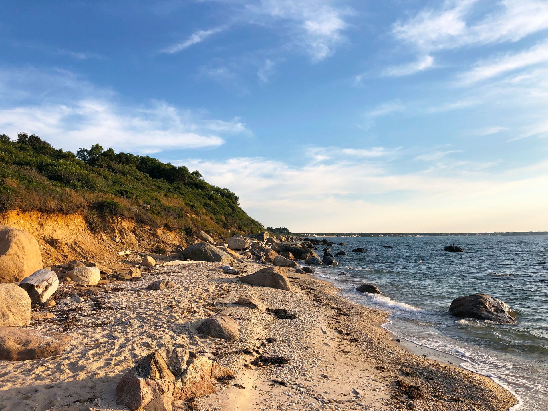 A sandy beach with rocks and trees on the shore.