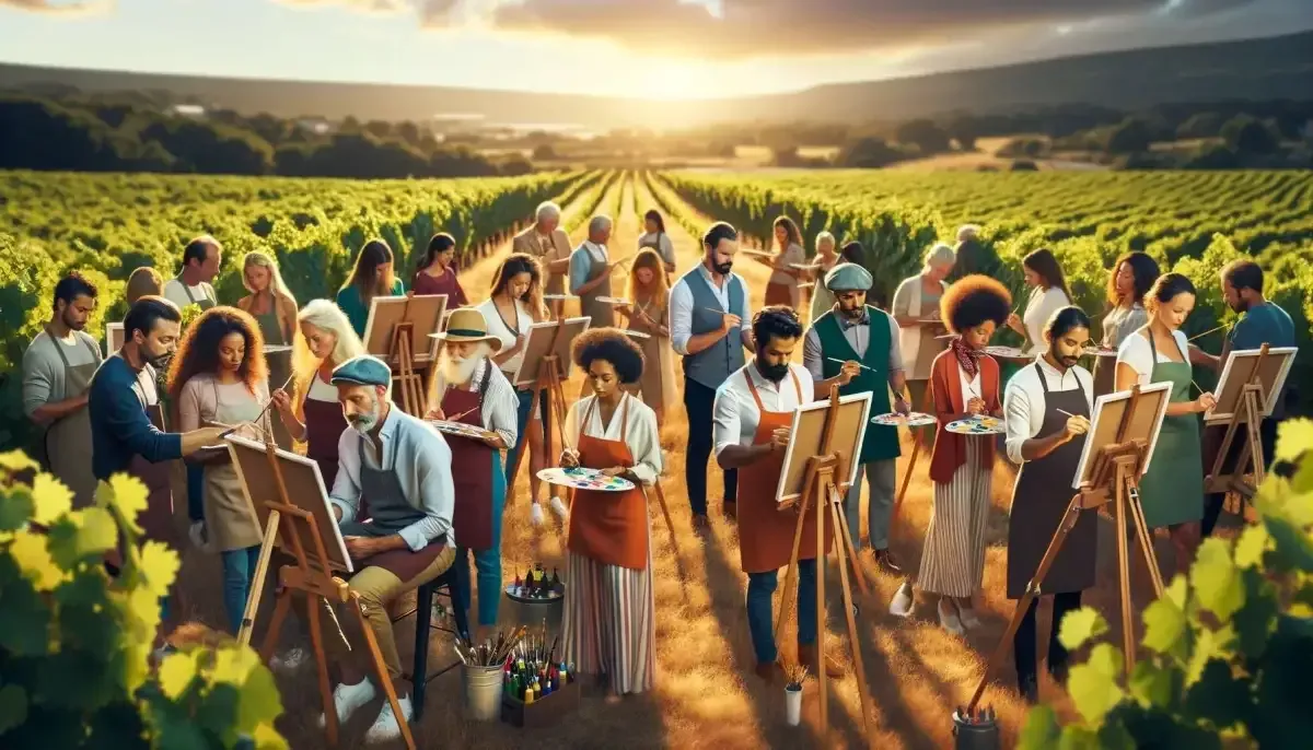 A group of people are painting in a vineyard.