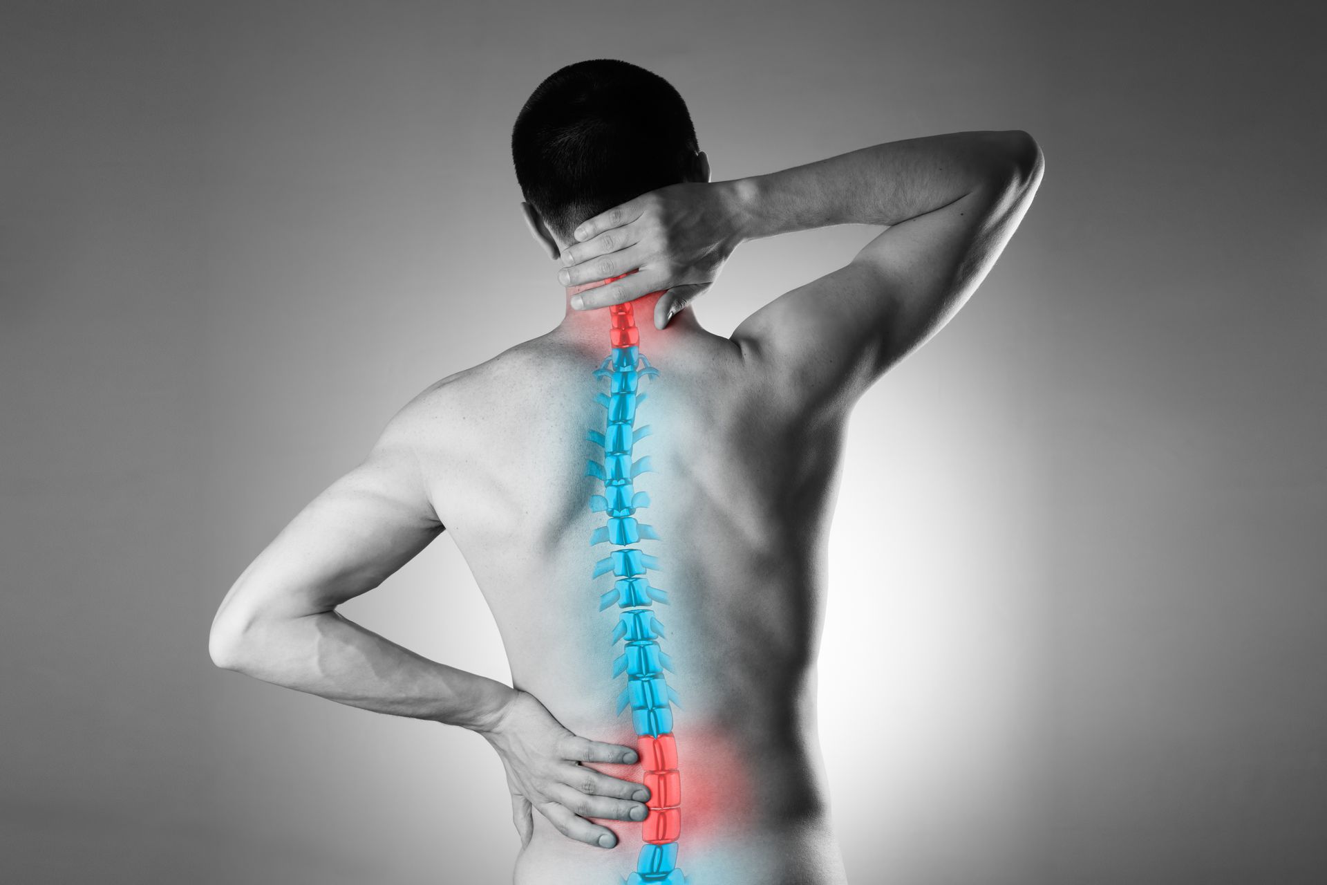 Person with highlighted spinal cord, neck, and lower back, indicating pain.