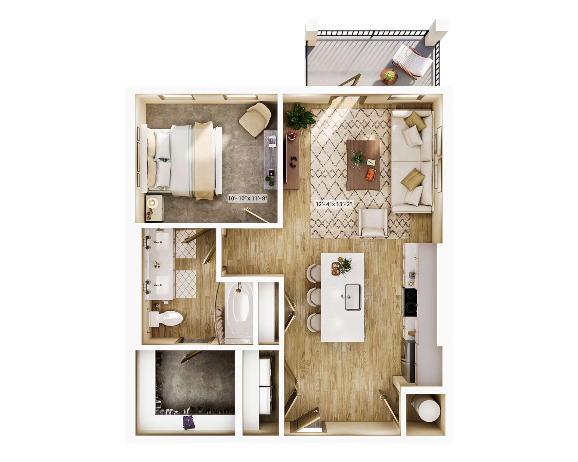 Top-down apartment floor plan with living room, bedroom, kitchen, bathroom, and balcony in neutral tones