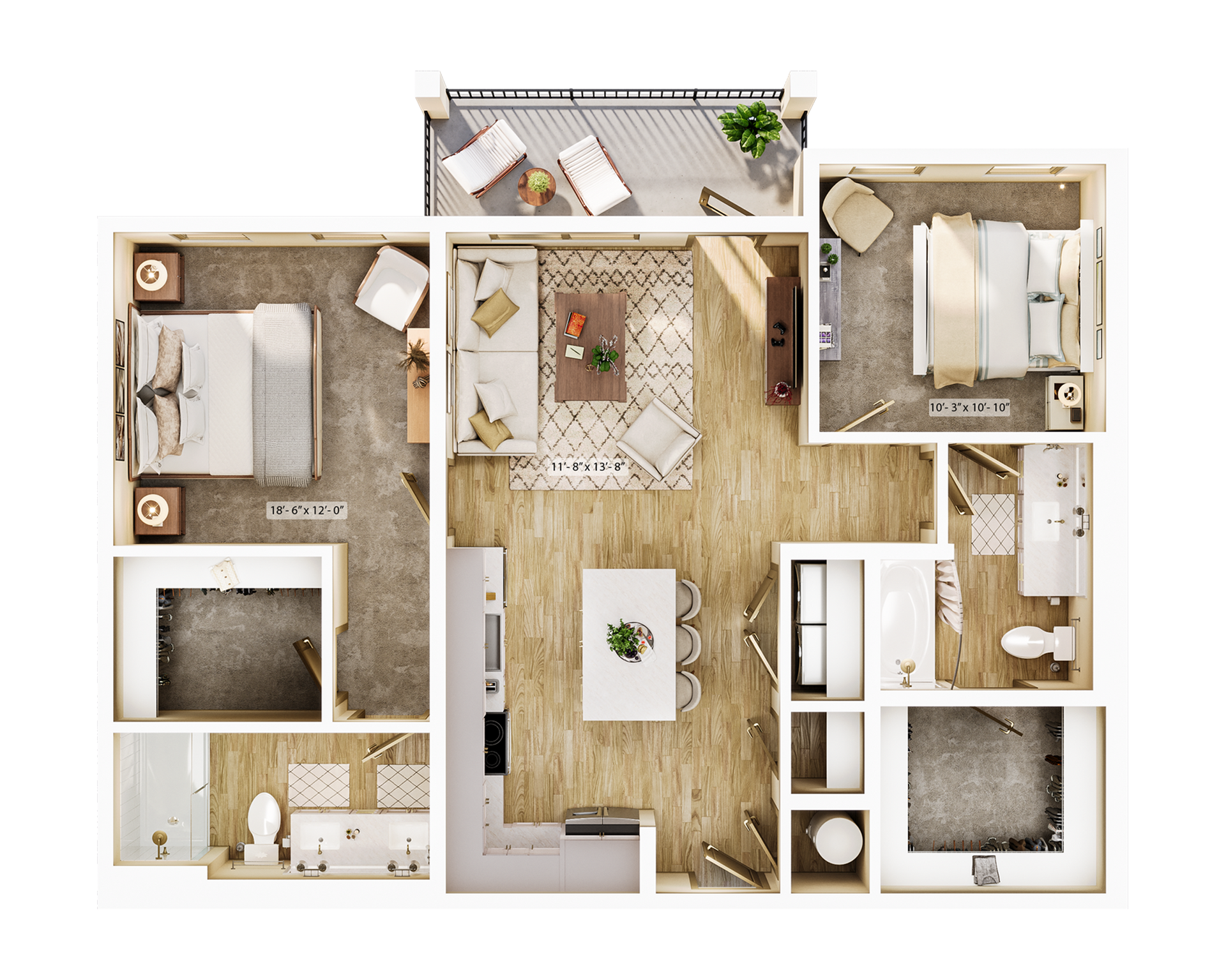 Top-down floor plan of a modern apartment with living room, kitchen, bedroom, bath, and balcony.