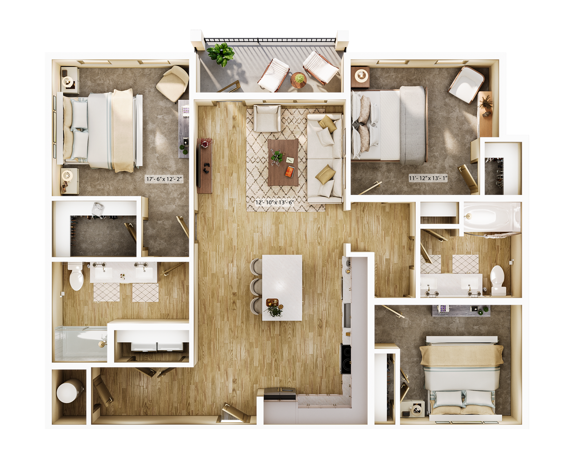 Top-down floor plan of a modern apartment with multiple rooms, wood floors, and neutral furnishings.