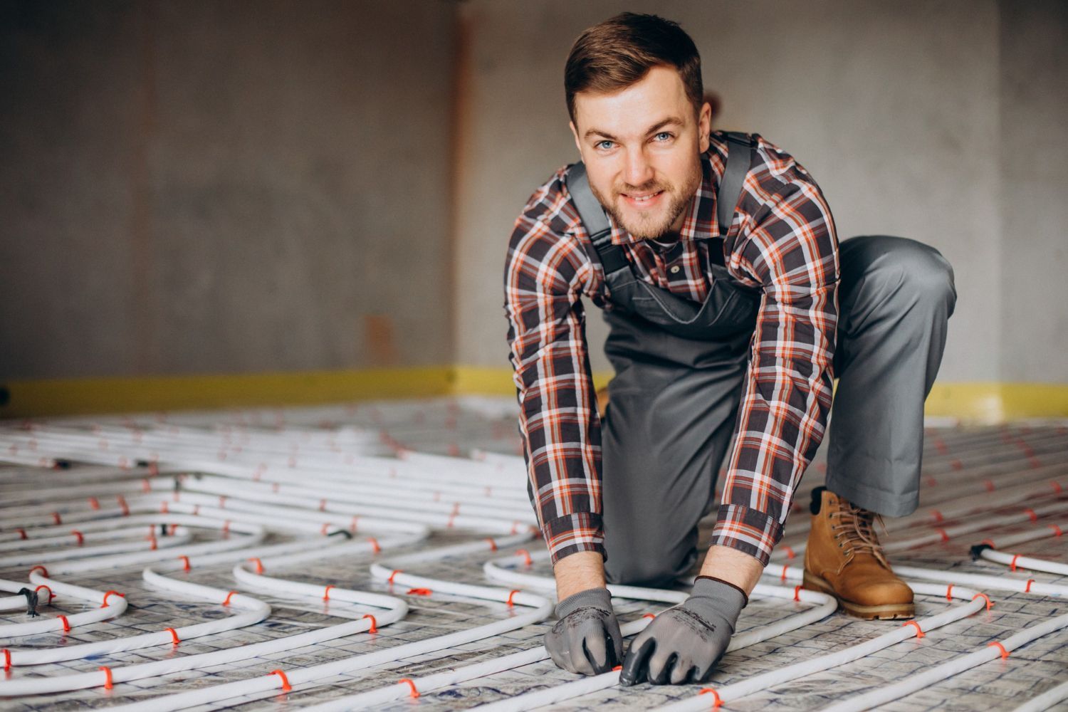 A man is installing underfloor heating pipes on the floor.