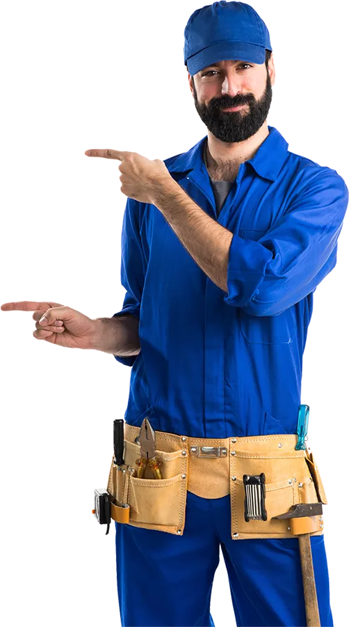 A man in a blue jumpsuit is pointing at texts.