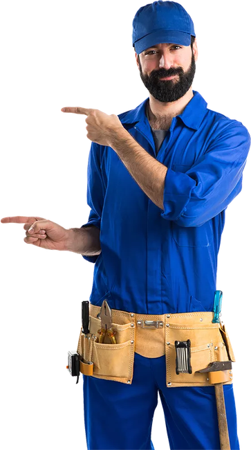 A man in a blue jumpsuit is pointing at texts.