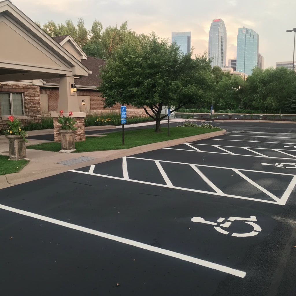 Fresh ADA handicap parking space with white striping and Kansas City skyline in background