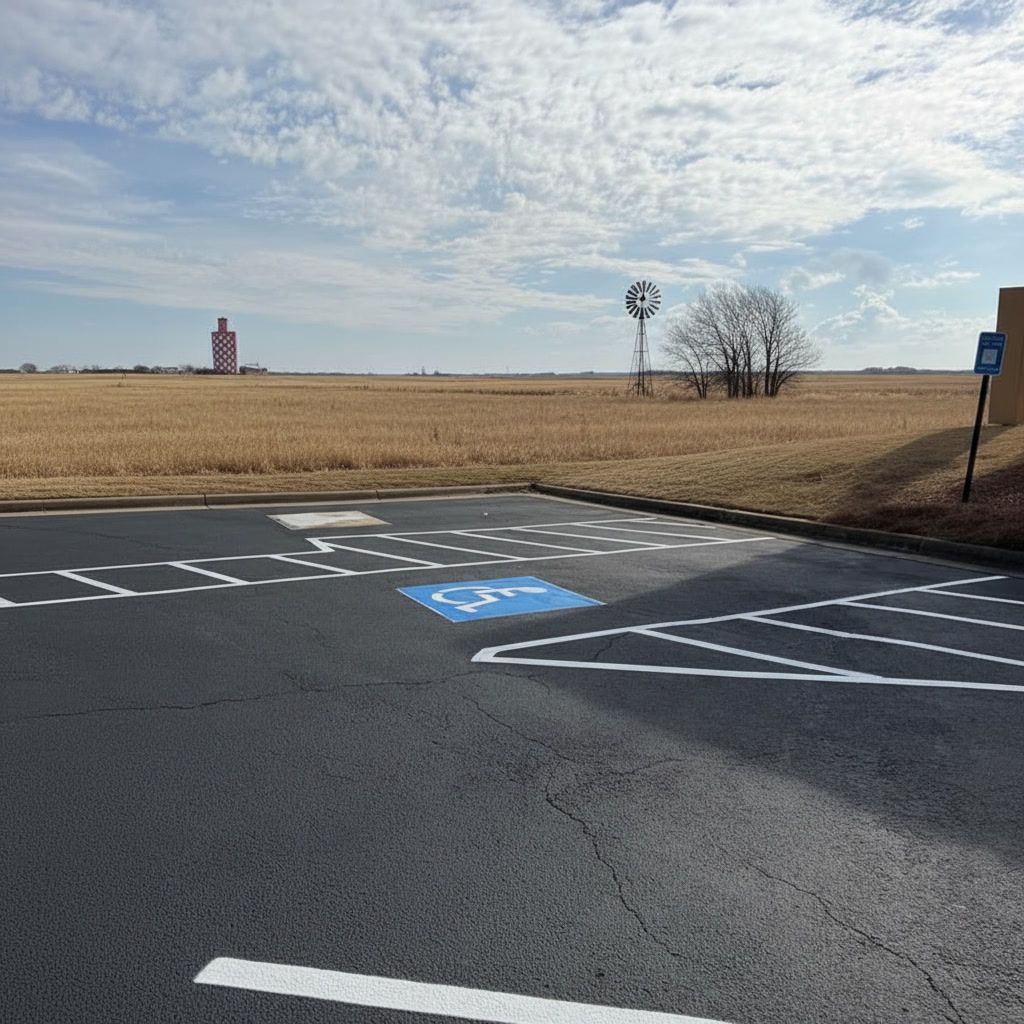 Fresh ADA handicap parking lot striping in Kansas City with clear white lines and blue markings