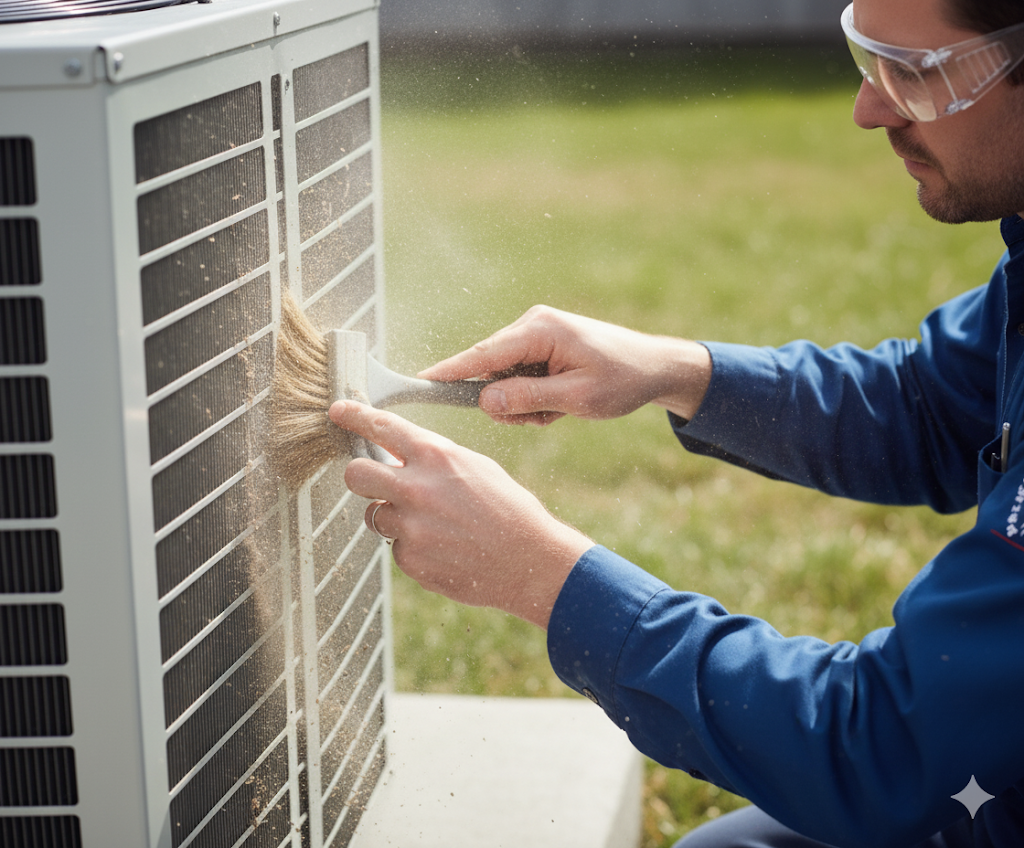 Man in blue suit cleaning an air conditioner with a brush outdoors.