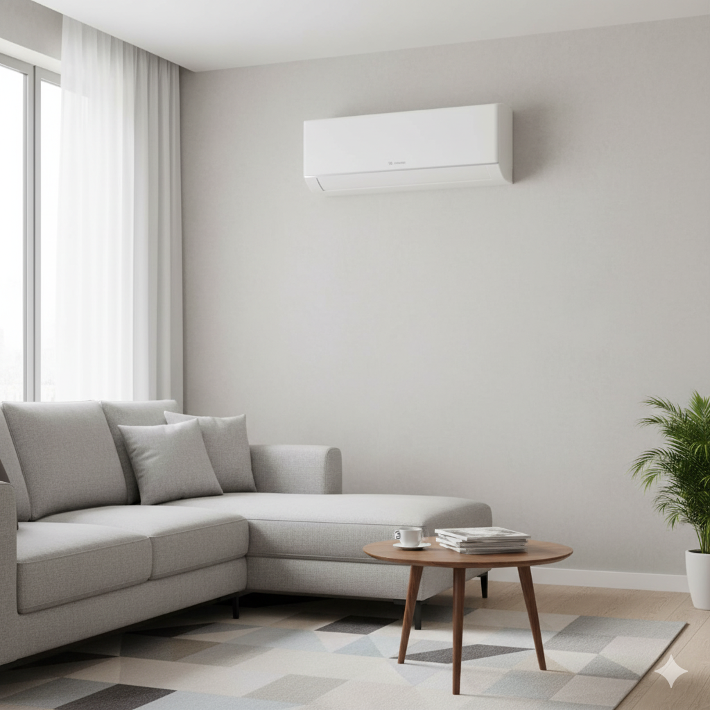 Living room with gray sectional, coffee table, AC unit, and plant.