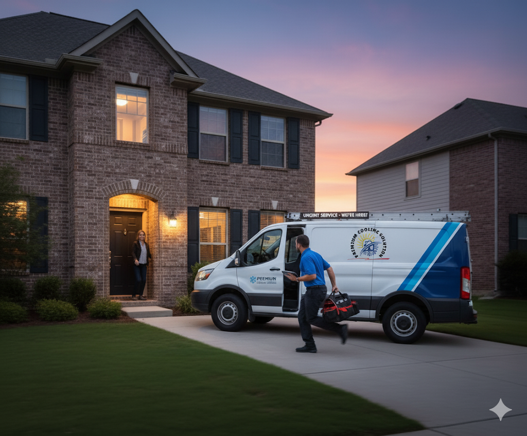 A repairman exits a service van in front of a house to assist a homeowner at dusk.