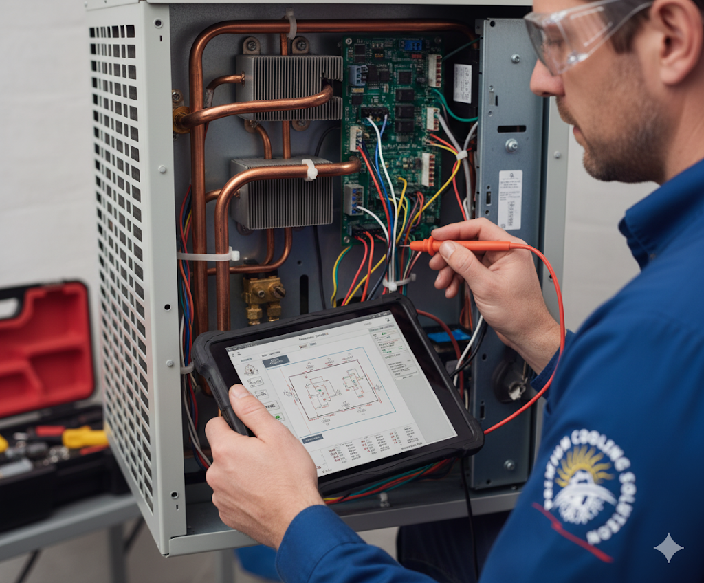 HVAC technician in blue uniform with safety glasses using a tablet to repair equipment.