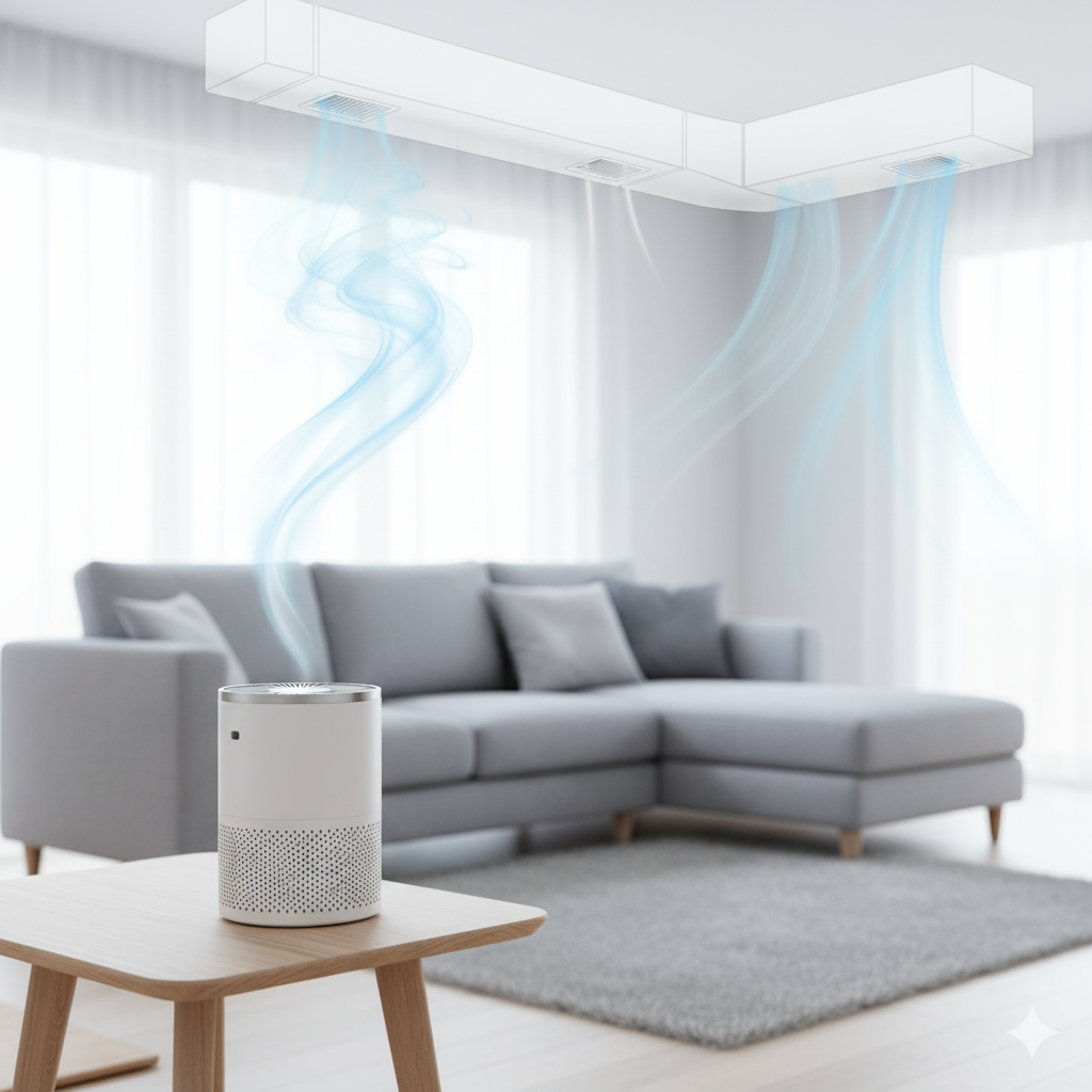 Living room with air purifier on a table, couch, and air circulating from a ceiling unit.