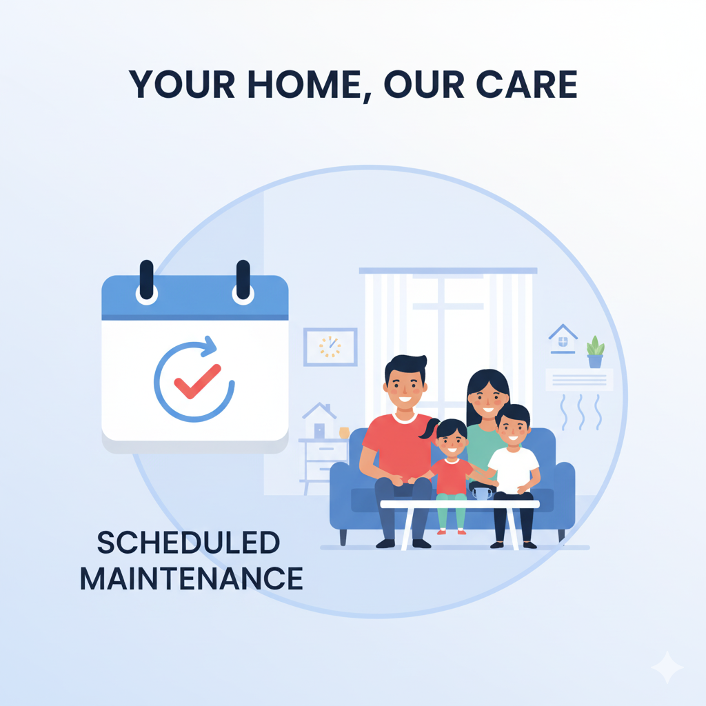 Family on a couch with scheduled maintenance icon,