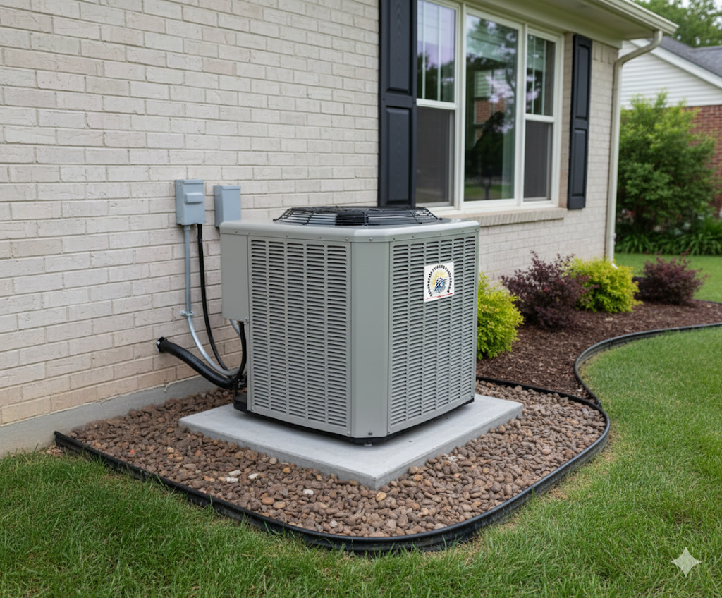 An air conditioning unit on a concrete pad next to a brick wall, surrounded by landscaping.