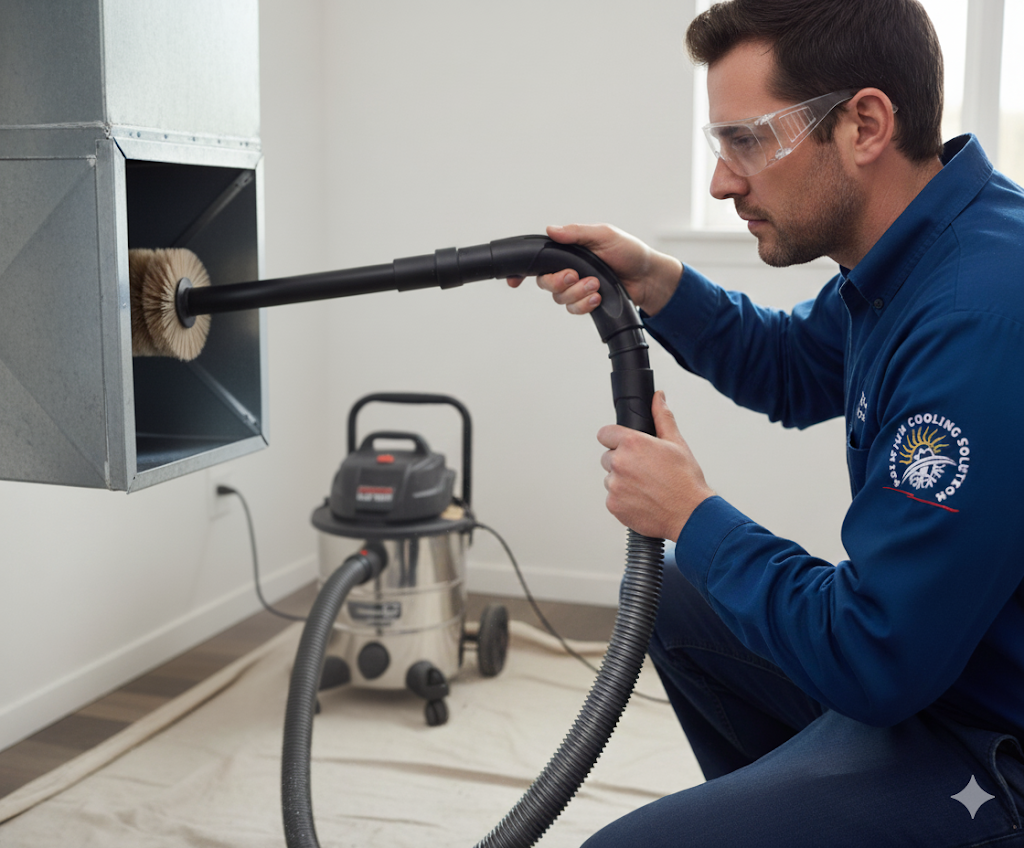 Man cleaning air ducts with a brush and vacuum. He wears safety glasses in a white-walled room.