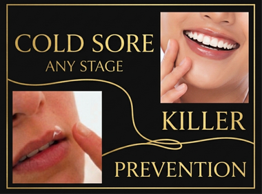 Cold sore prevention ad with close-ups of lips and a finger applying cream, gold text on black background