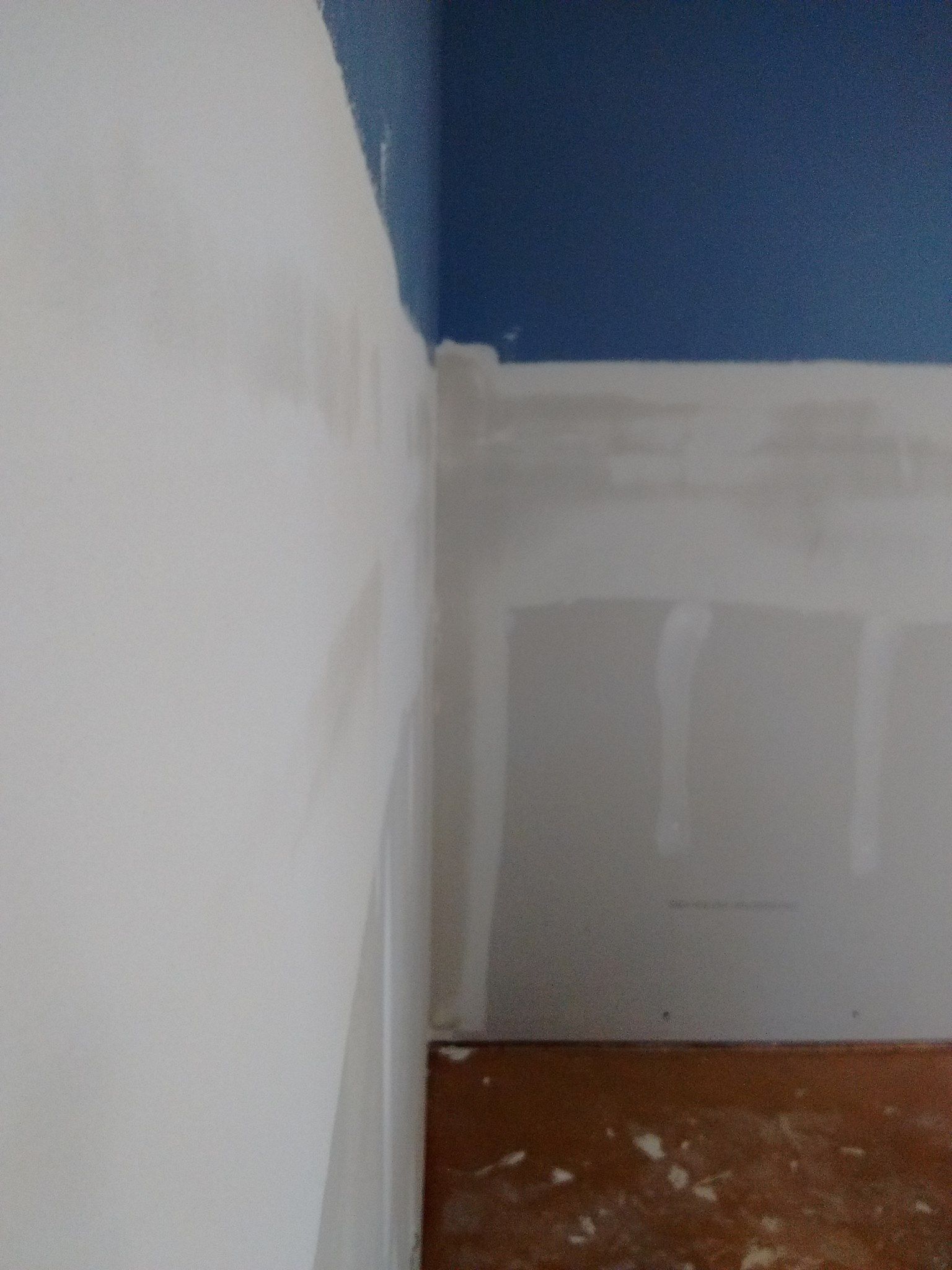 Interior view showing white walls meeting a blue ceiling and a wood floor.