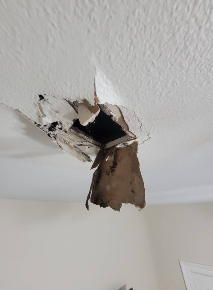 Hole in a white ceiling with exposed dark space and brown, damaged material hanging down.