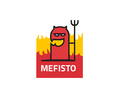 Diavolo rosso con tridente, in fiamme, con la scritta 