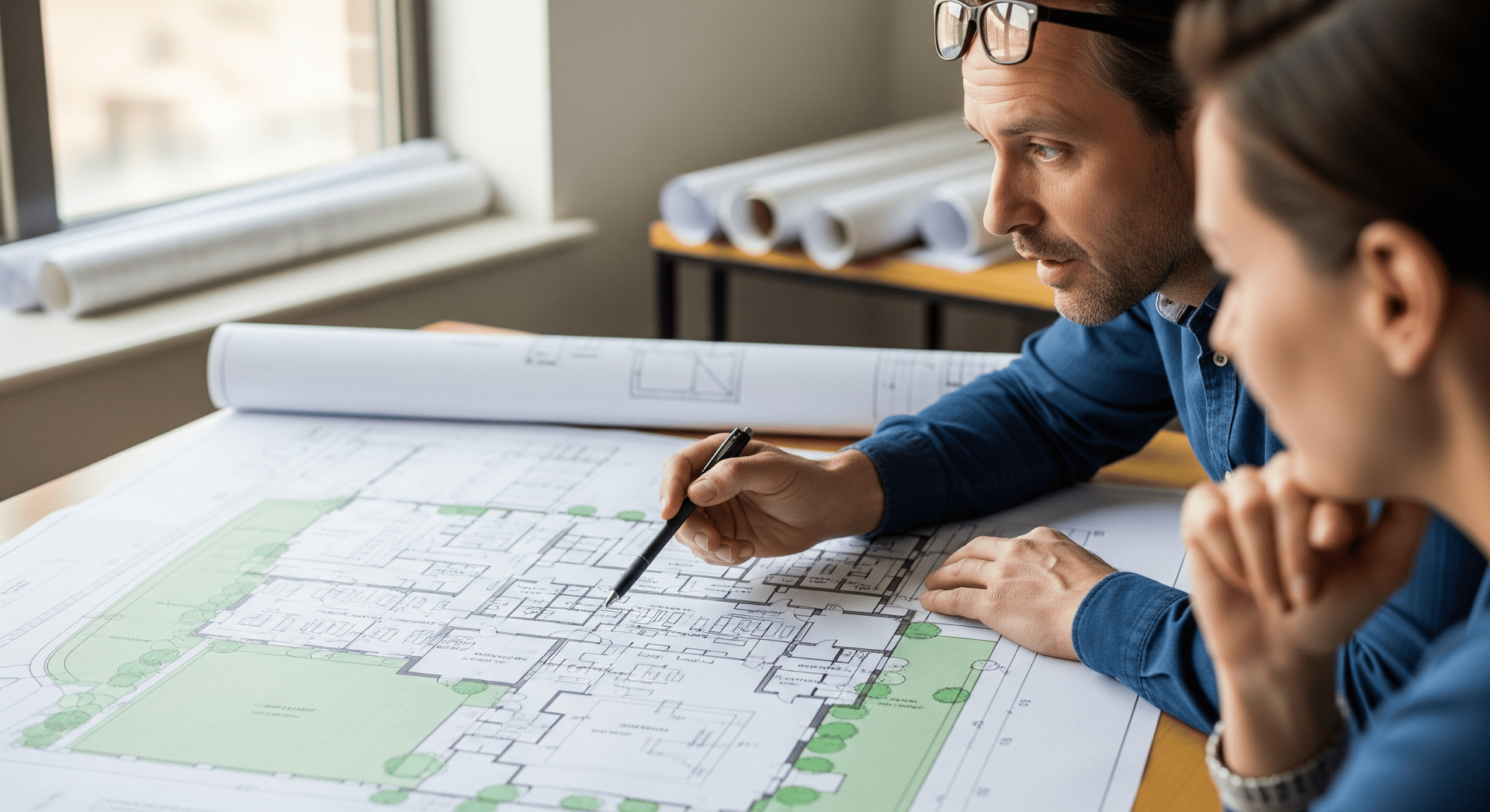 A row of school buses are parked in a parking lot.