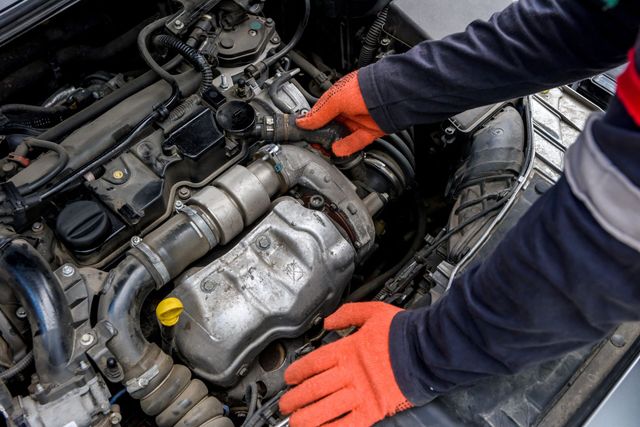 A mechanic is working on the engine of a car.