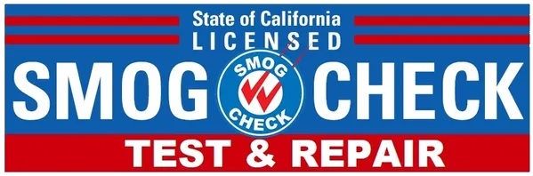 A blue sign that says smog check test and repair