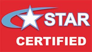 A star certified logo on a red background