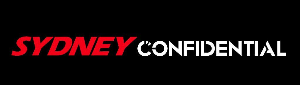 The logo for sydney confidential is red and white on a black background