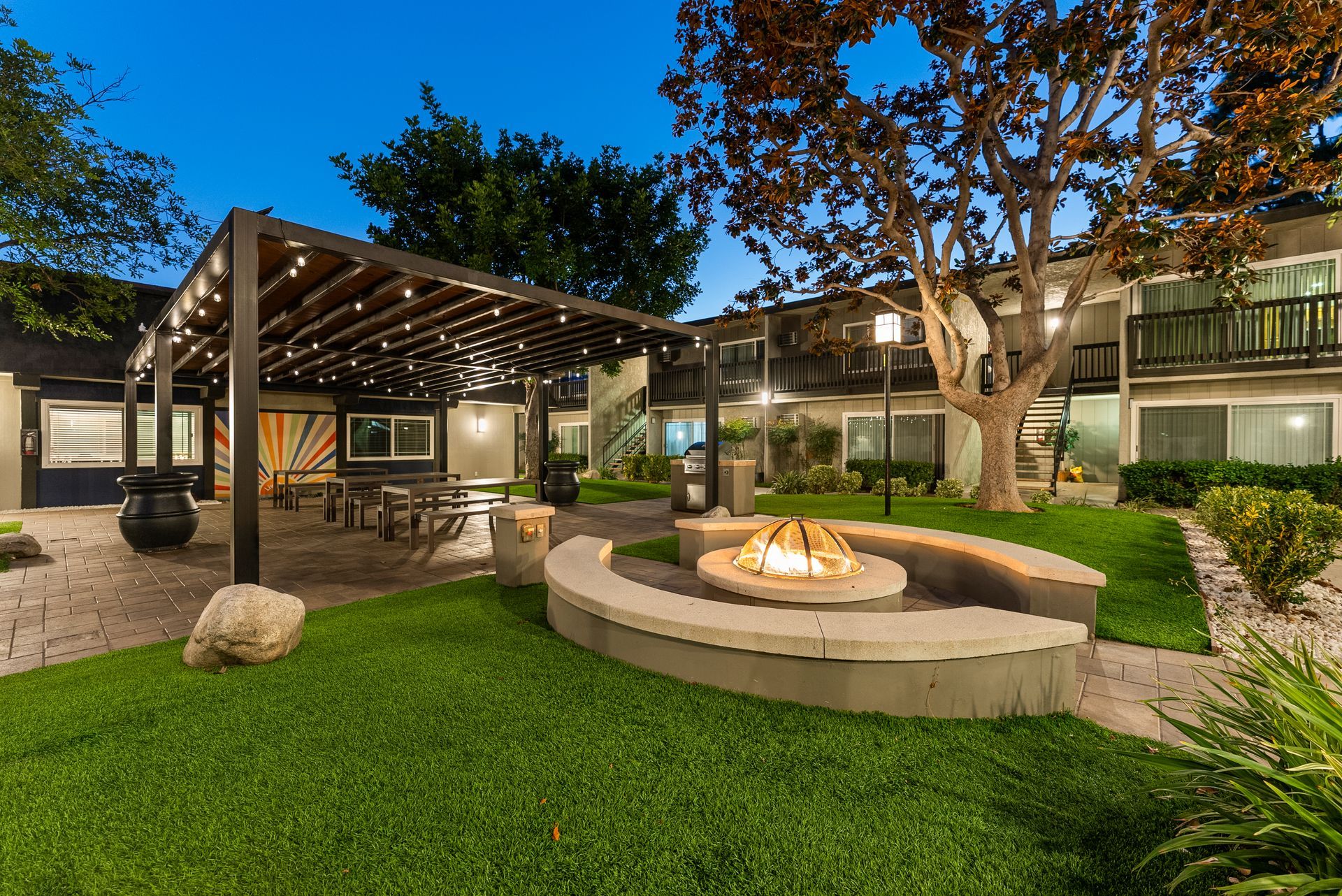 Firepit and picnic area at twilight