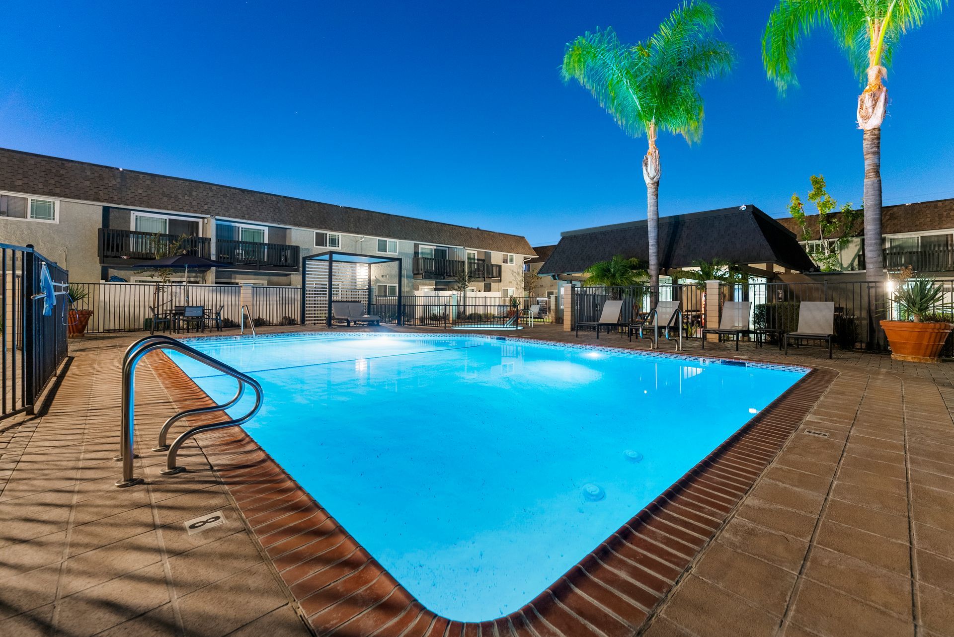 Pool and gazebo at dusk