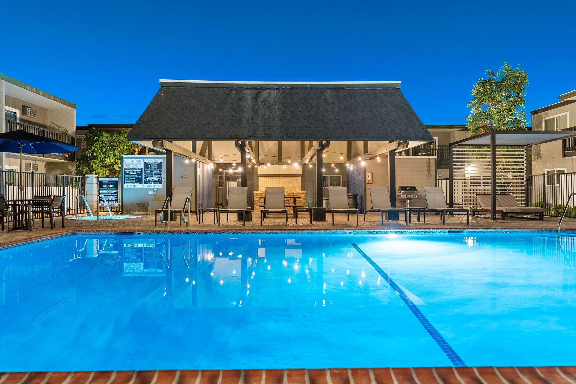 Pool and gazebo at dusk