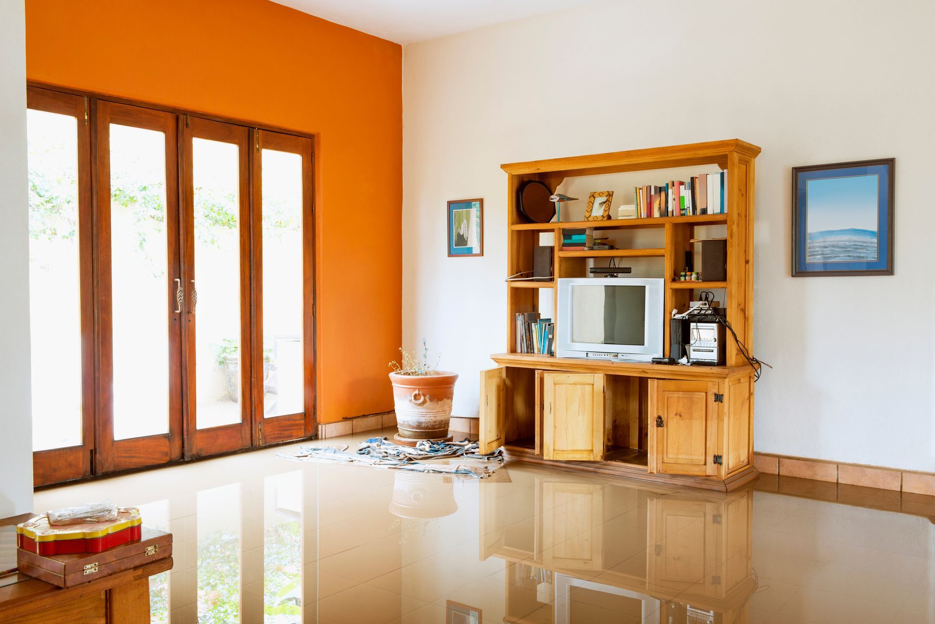 A living room with orange walls and a wooden entertainment center