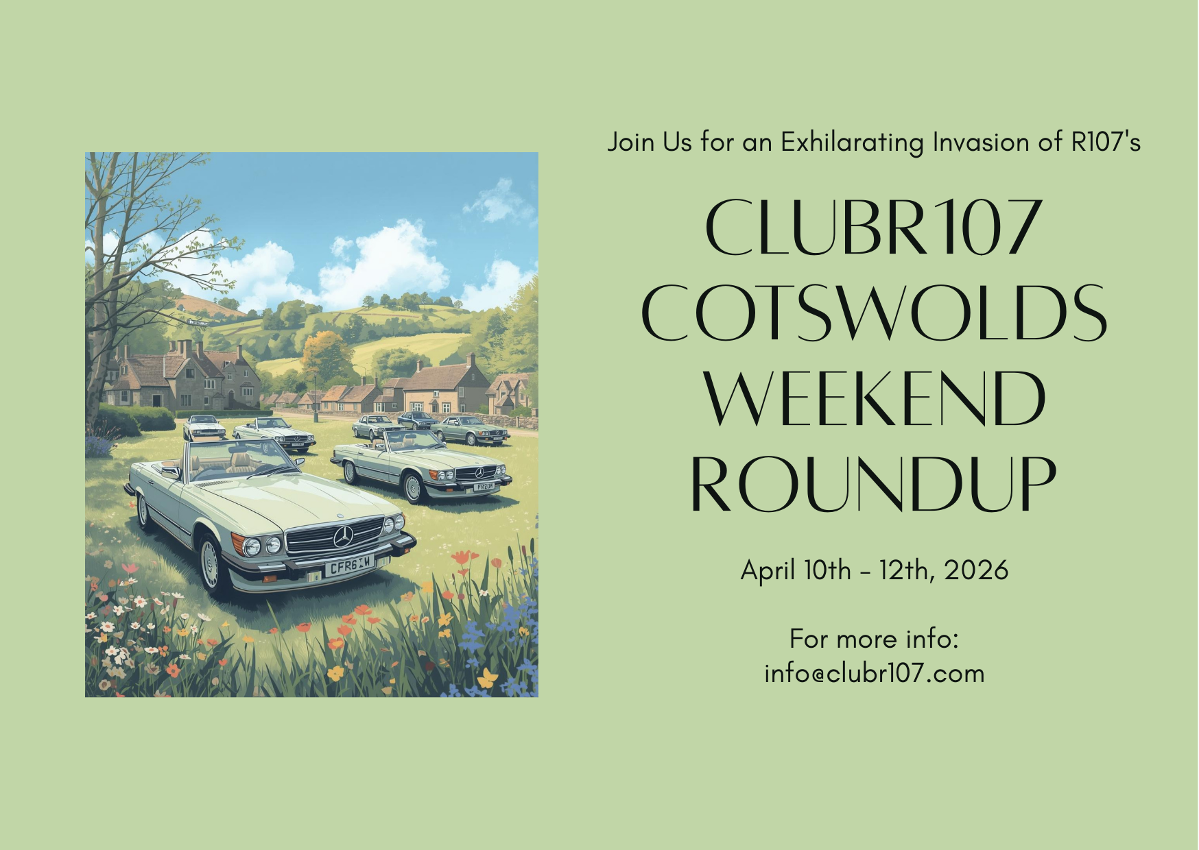 Green flyer for Club R107 Cotswolds Weekend Roundup. Vehicles parked in a countryside setting.