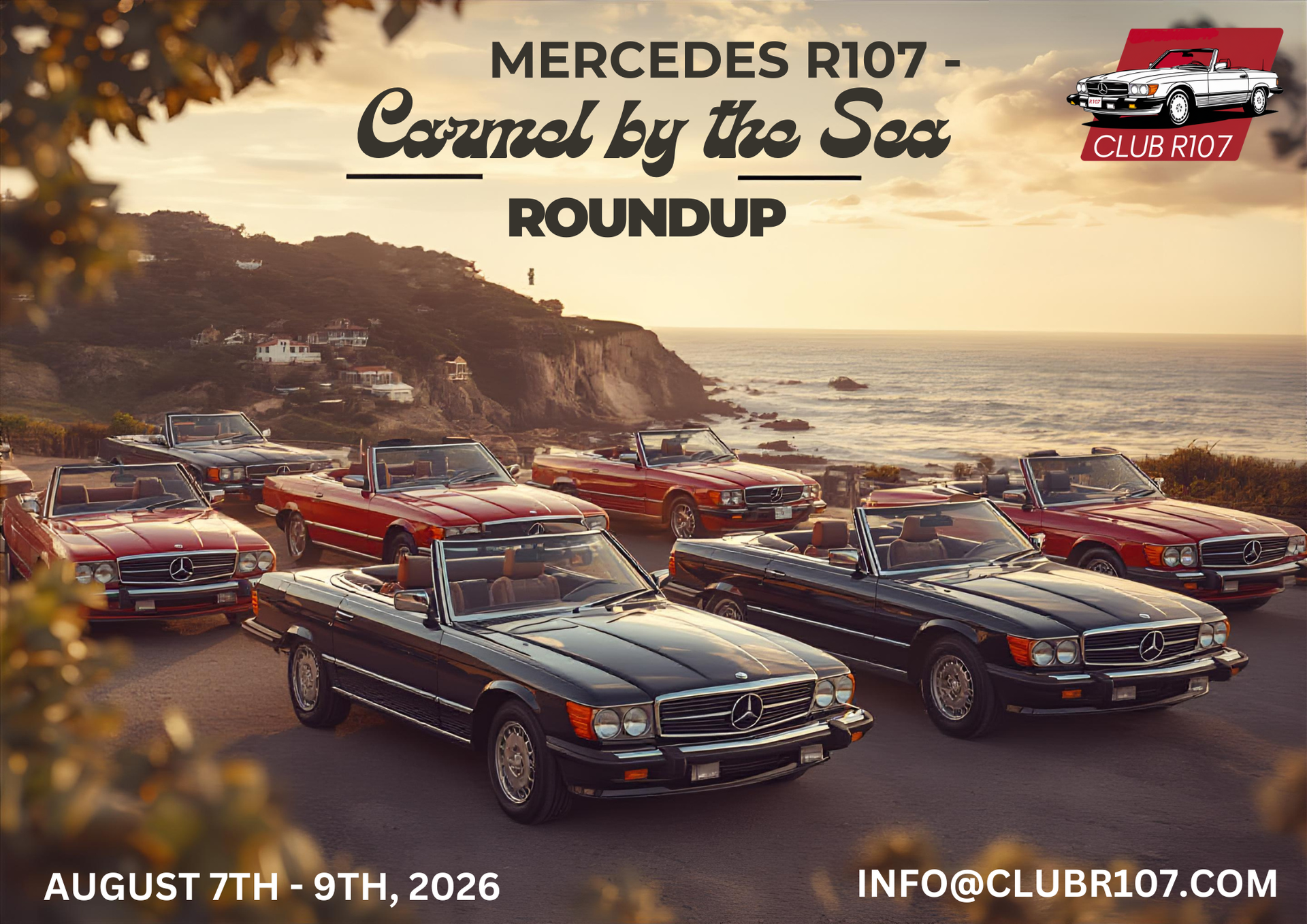 Classic Mercedes R107 cars parked by the ocean for a car show. Event titled 