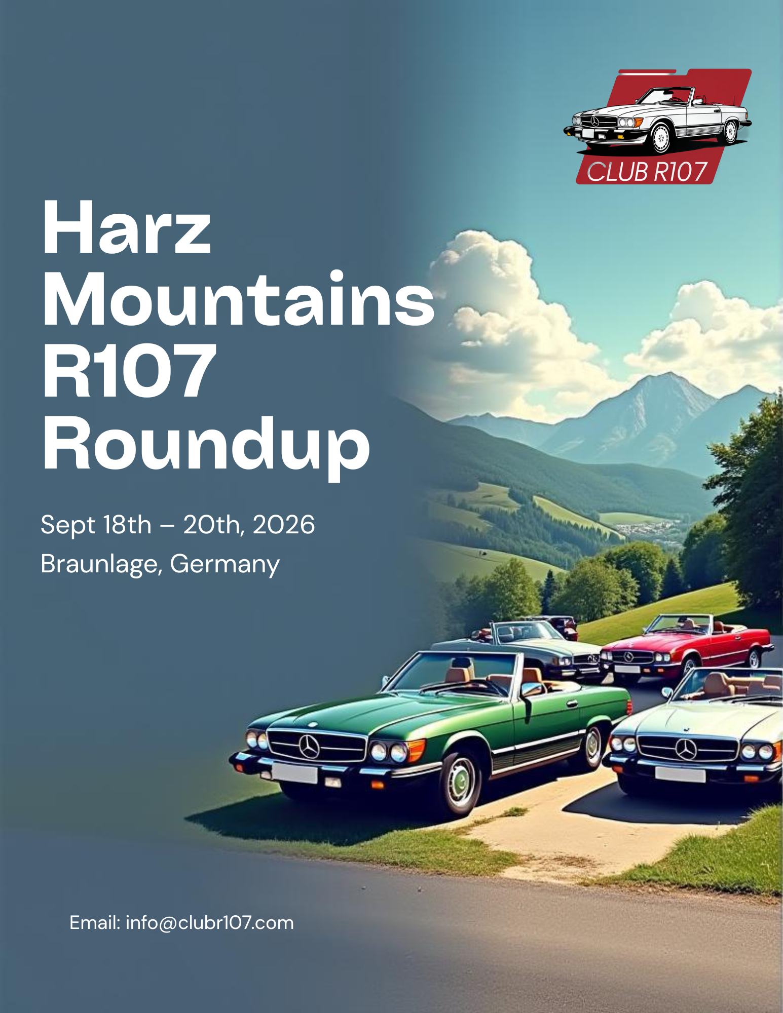 Poster for Harz Mountains R107 Roundup in Braunlage, Germany, featuring vintage Mercedes-Benz cars in a scenic mountain setting.