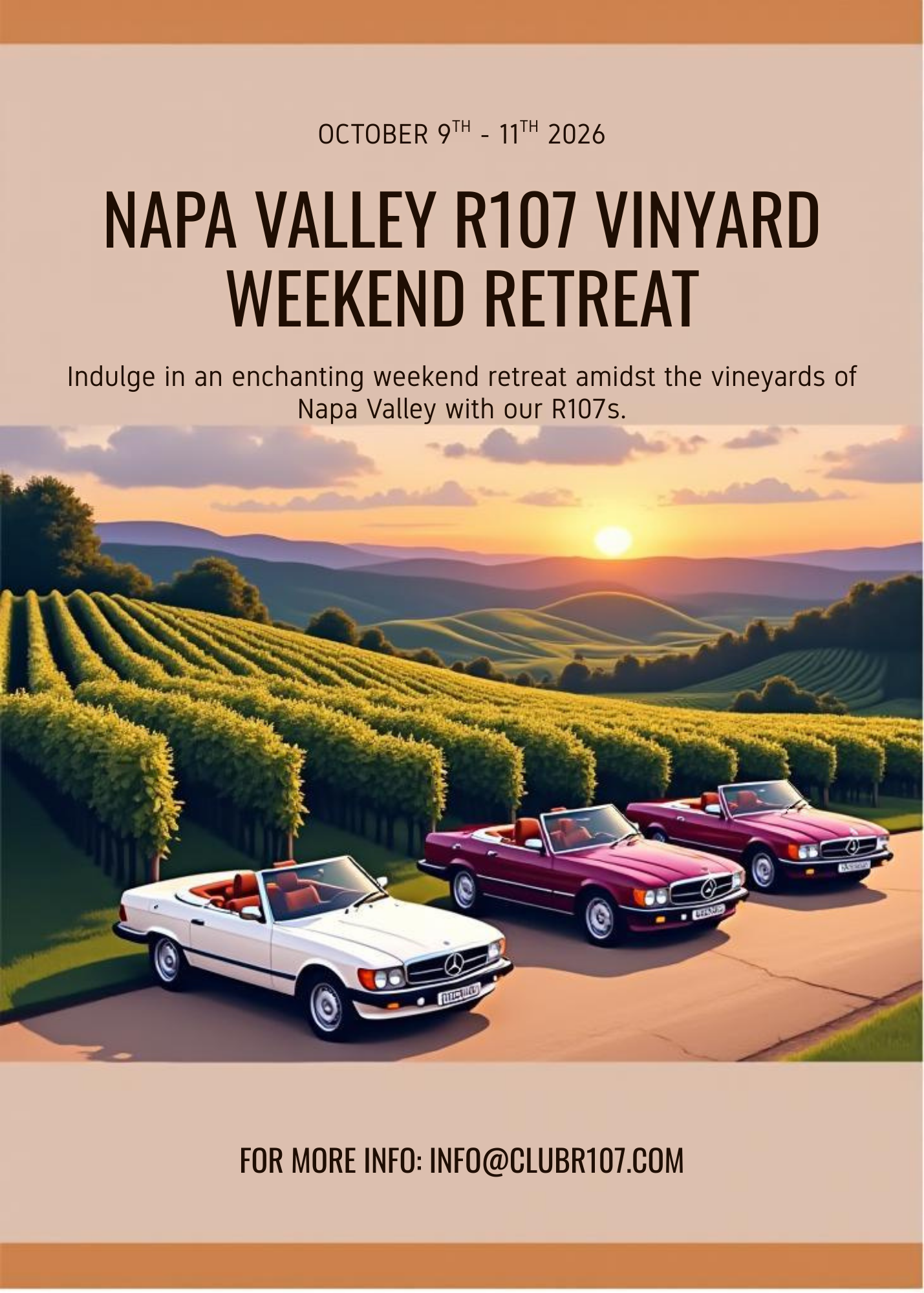 Napa Valley vineyard weekend retreat advertisement with classic cars and sunset over rolling hills.