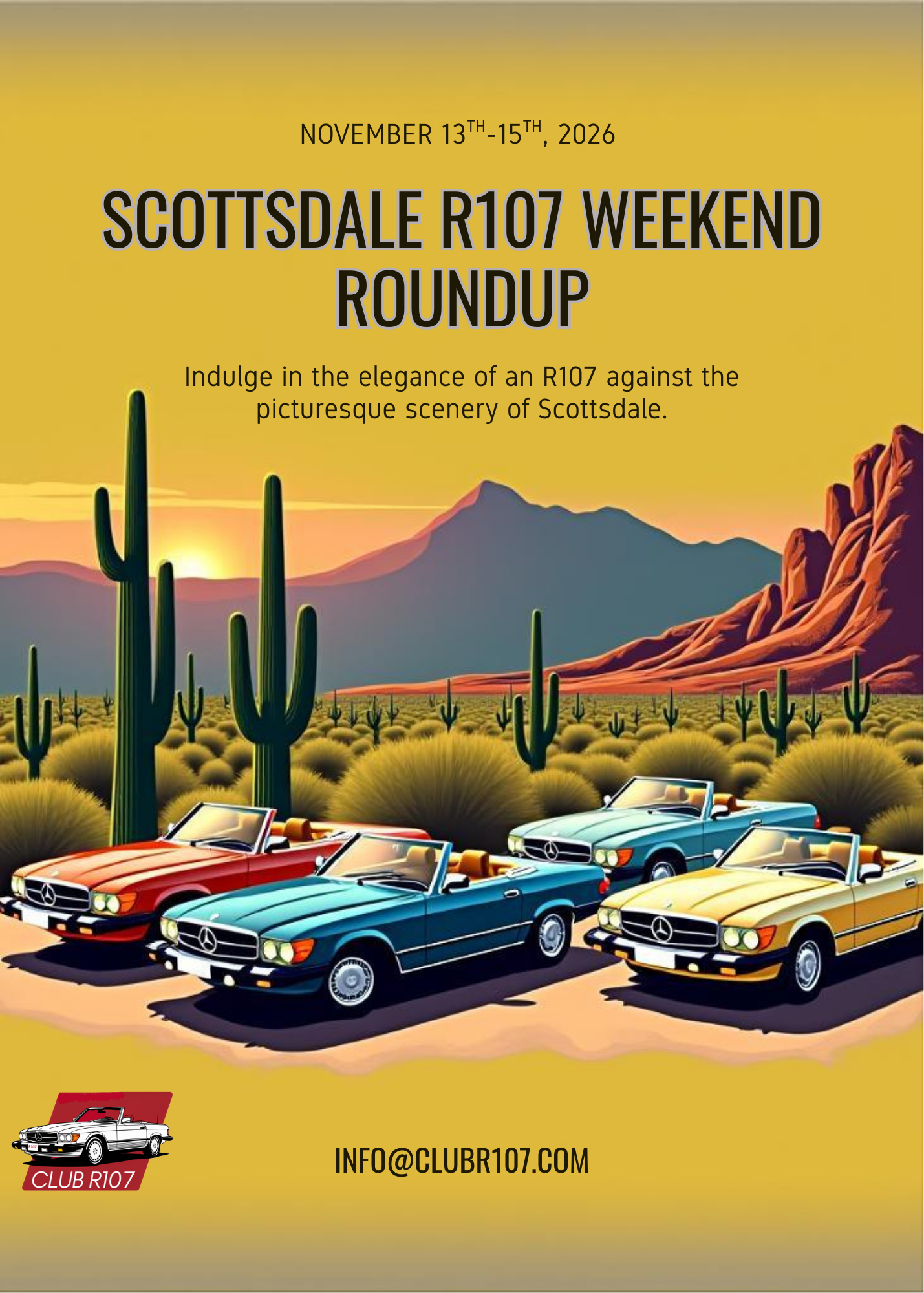 Scottsdale R107 Weekend Roundup poster. Classic cars parked in desert scene with sunset and cacti.