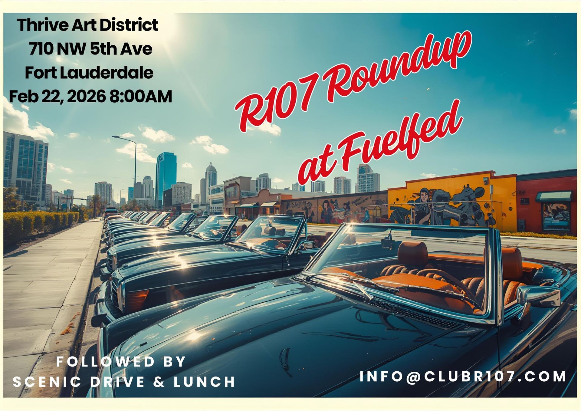 Poster: R107 Roundup & Coastal Drive in Palm Beach. Classic cars near a vintage building with palm trees.