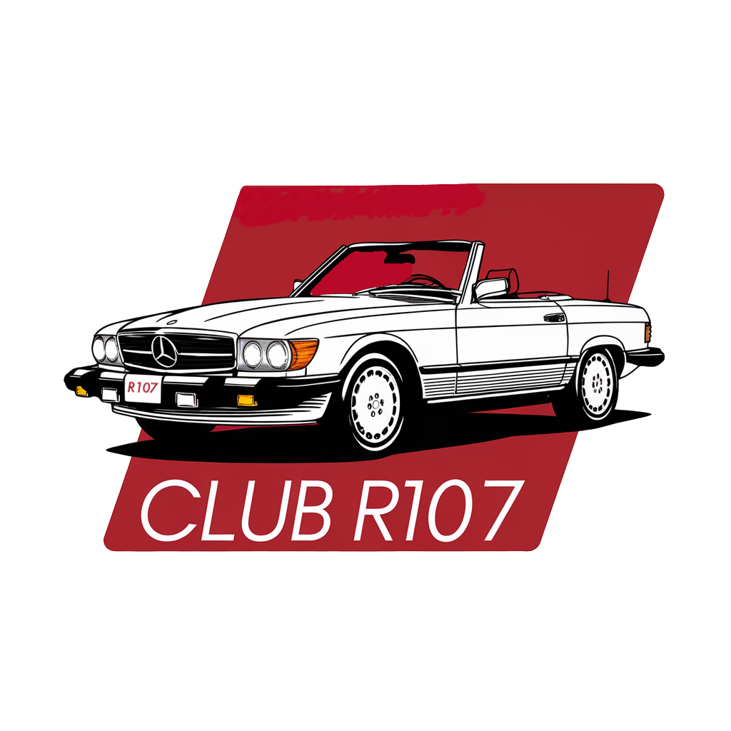 White Mercedes-Benz R107 convertible, outlined in black, atop a red trapezoid, 
