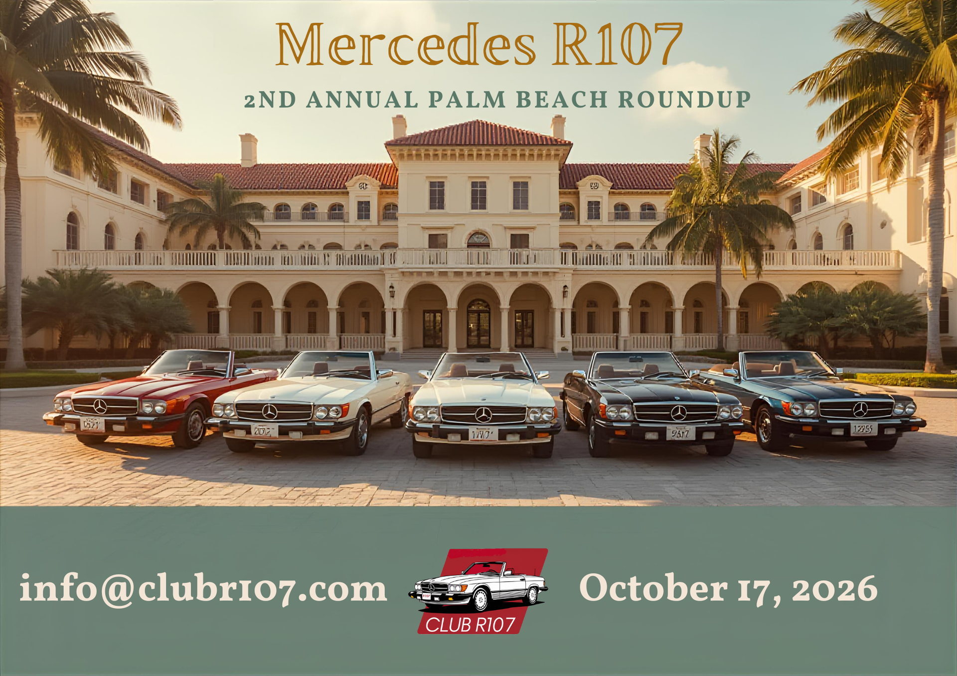 Mercedes R107 cars parked in front of a building for 2nd annual Palm Beach roundup. October 17, 2026.