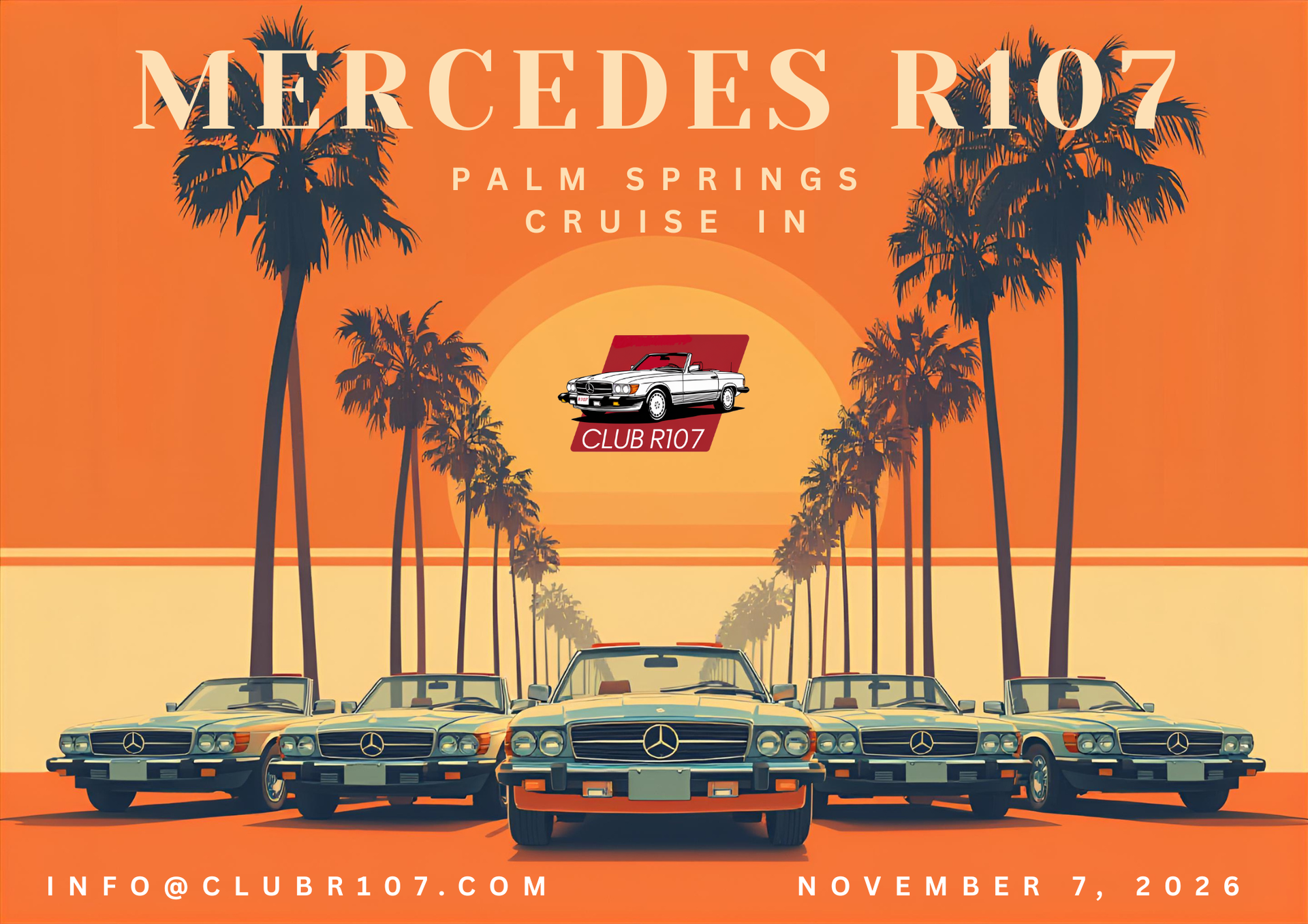 Mercedes R107 cruise in Palm Springs, pixel art style. Orange, with palm trees, cars, and a sun graphic.