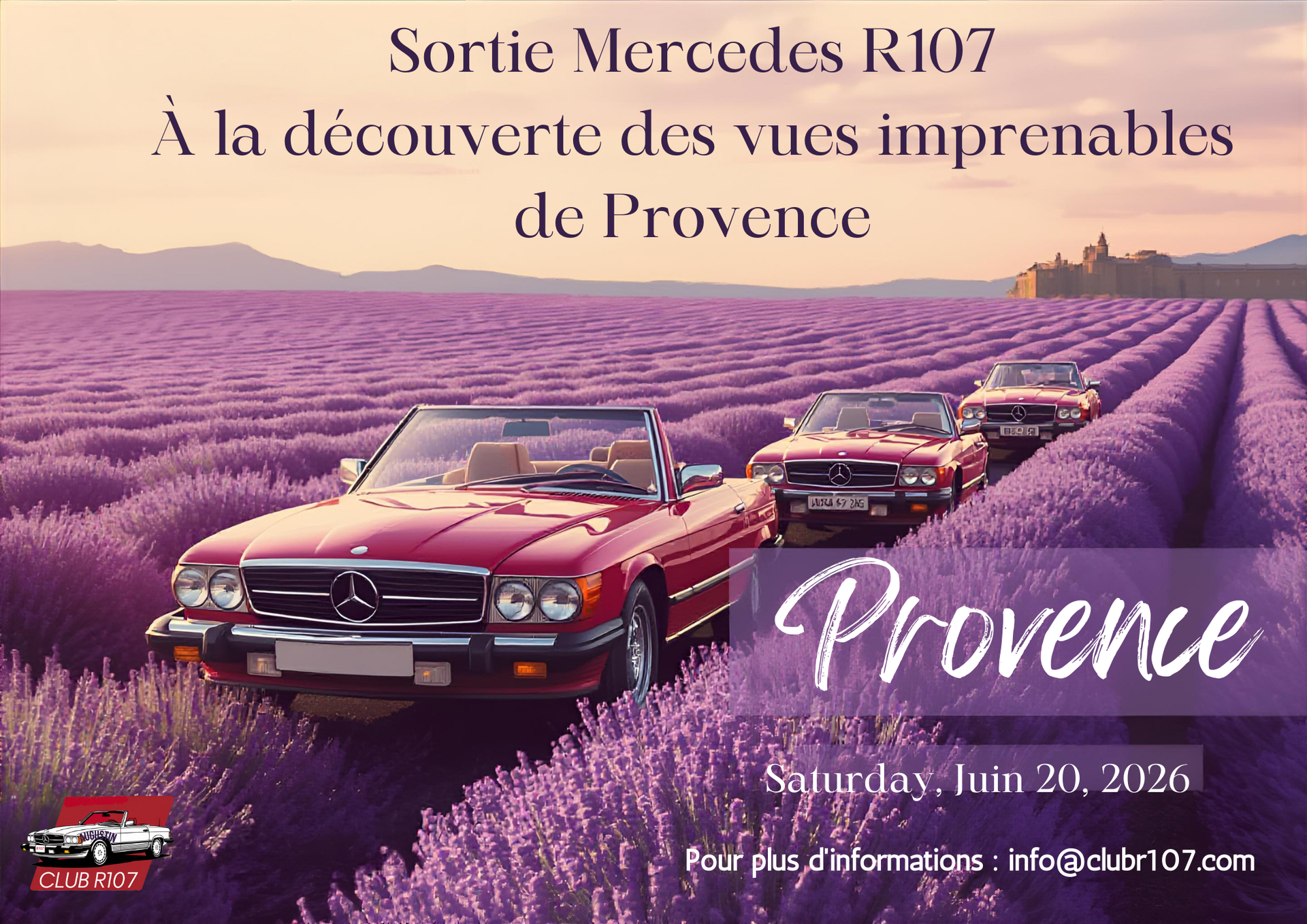 A red Mercedes convertible drives through lavender fields in Provence, France.